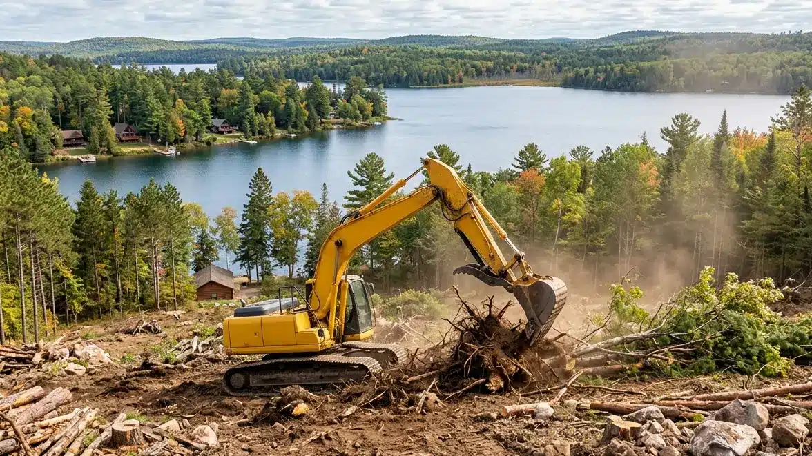 Excavator clearing a wooded residential lot in Northwoods Wisconsin